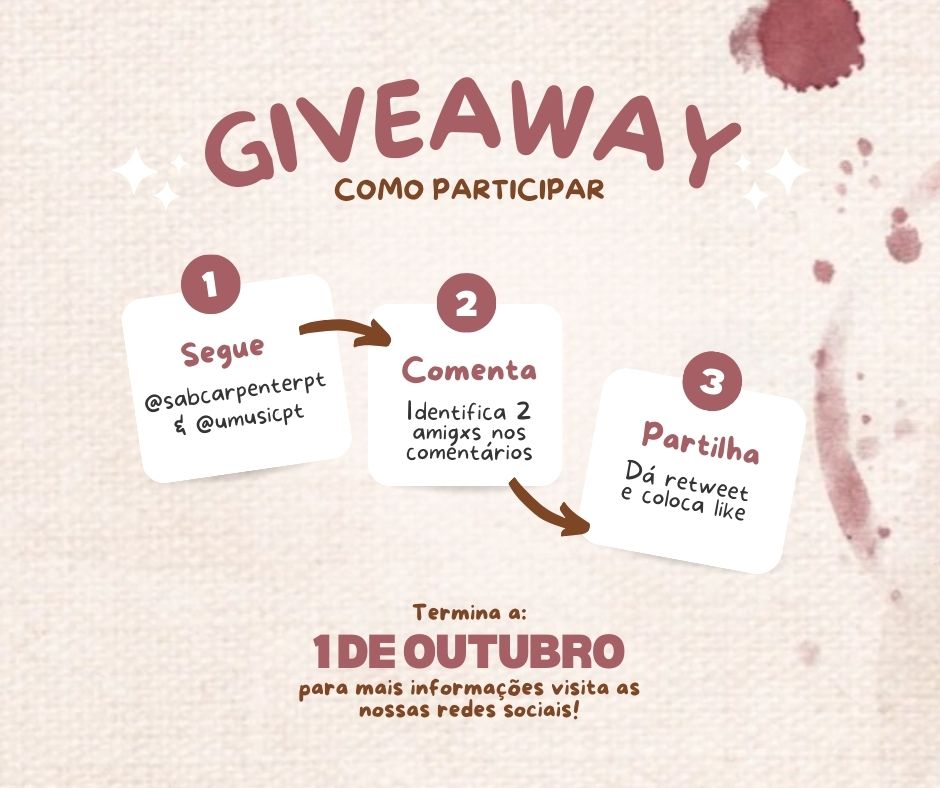 sabcarpenterpt's tweet image. ✨GIVEAWAY ✨
Em parceria com a @umusicpt, temos para ti um prémio de sonho: 4 LPs da Sabrina Carpenter! 💿

Queres ganhar? É simples:
1️⃣ Segue @sabcarpenterpt &amp;amp; @umusicpt
2️⃣ Identifica 2 amigxs nos comentários
3️⃣ Dá RT + like a este post

➡️ Tens até 1 de Outubro para…
