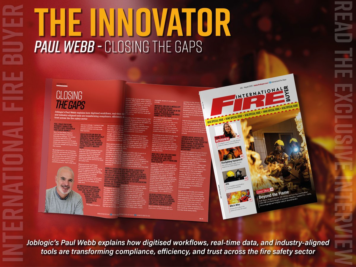 Firebuyer's tweet image. Latest on International Fire Buyer: Innovator – Paul Webb of @JoblogicWFM
Read more here: firebuyer.com/innovator-paul…
#FireIndustry #FireProtection