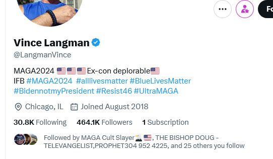 creditscoring's tweet image. DOSSIER OF @LangmanVince 

Vince Langman made a false statement on X.

He and his followers blab like they're at the beauty parlor. In his profile: #MAGA2024 #alllivesmatter #BlueLivesMatter #BidennotmyPresident #Resist46 #UltraMAGA and "Ex-con deplorable." 

#weakling #IL #2409U