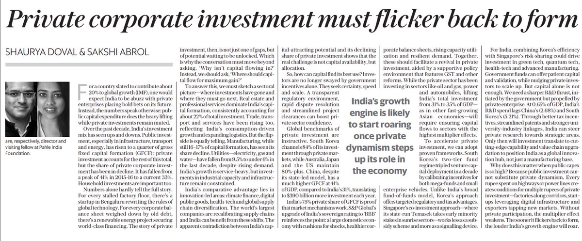 India is set to contribute 20% to global growth. Yet, private investments lag. 

In this piece for <a href="/livemint/">Mint</a>, we argue the real challenge is capital allocation. 

Sectoral trends and global benchmarks give an inkling. 

Do read and comment! 
<a href="/PahleIndia/">Pahlé India Foundation</a>