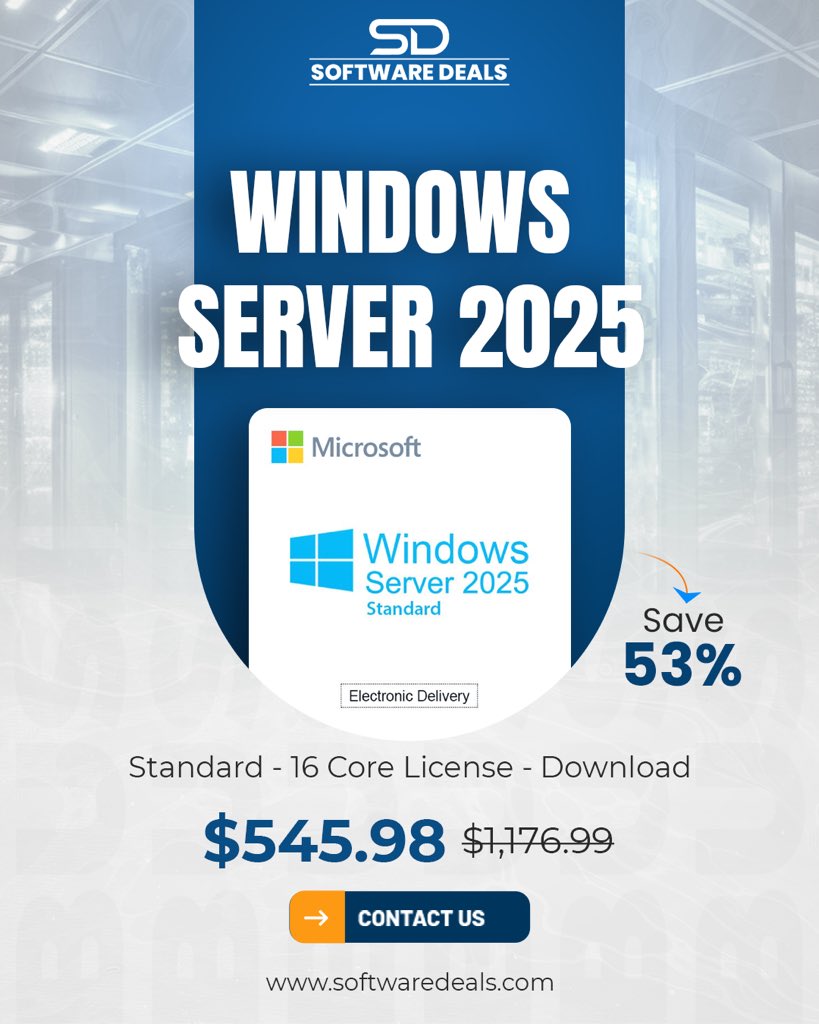 SoftwareDeals4's tweet image. 🚨 Massive Deal on Windows Server 2025! 🚨
Get the 16 Core License for just $545.98 (was $1,176.99) — that's 53% OFF! 💻🛡️
Fast, secure, and delivered electronically. ⚡
👉 Contact us: softwaredeals.com
#WindowsServer2025 #SoftwareDeals #ServerSoftware #Microsoft