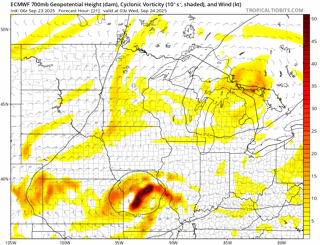 06z ECMWF produces some sort of convective feedback/MCV due to Kansas storms today with its own surface reflection that then further amplifies as the synoptic low over Illinois tomorrow with much more rain across C IL than any other model. In other words, I'm not buying it.