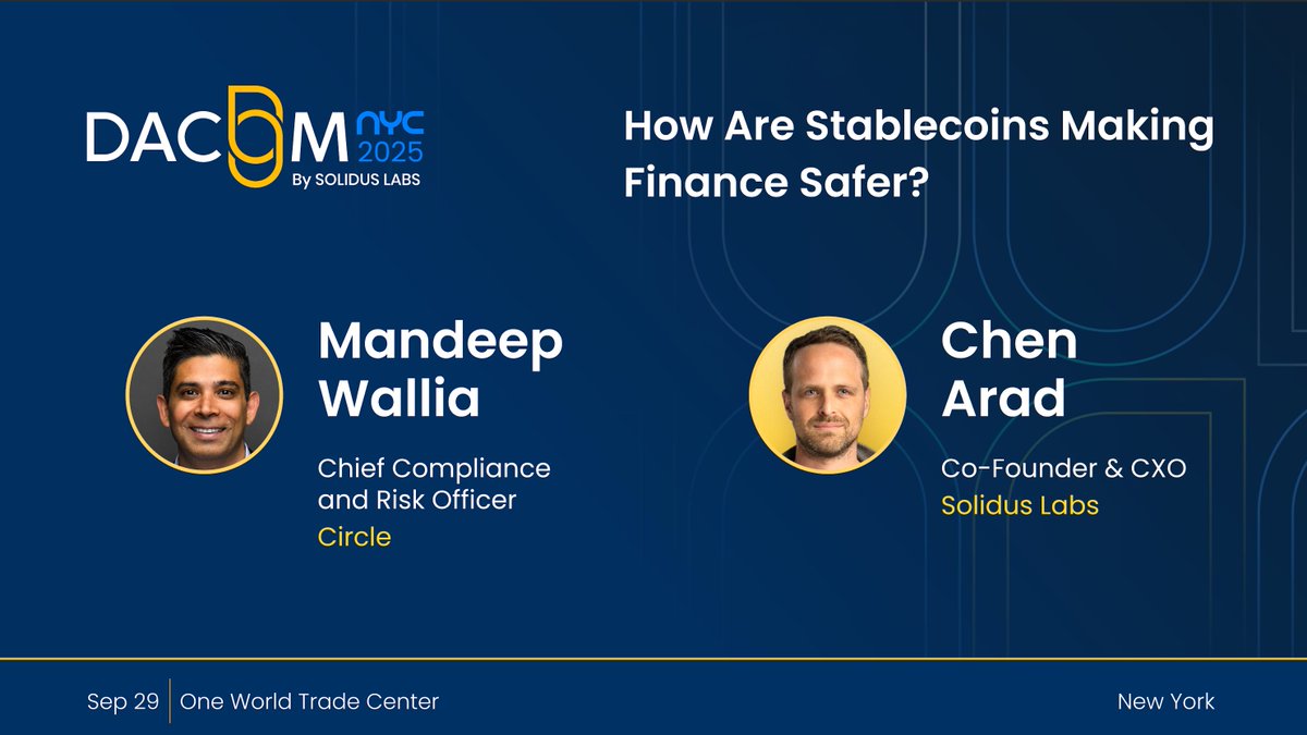 Solidus_Labs's tweet photo. Stablecoins are no longer a niche, they’re financial infrastructure.

At #DACOM, @circle's  Mandeep Walia joins Solidus’ @AradChen  for a fireside chat on how to govern them at scale.

Risk. Compliance. Secondary-market oversight. AI. Trust.

🔗 https://t.co/SGpyEHEoBl https://t.co/iVhkS8GfeY