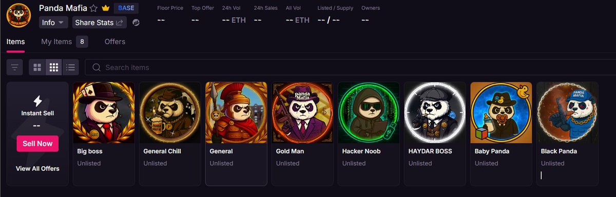 🔥🐼 Mafia Moves 🐼🔥

It’s done — we’ve created our very own Panda Mafia Collection 💎
Now we are officially listed on multiple Marketplaces 🌍✨
As promised, our first followers will be rewarded — you’ll be the first to receive these NFTs 🎁Owning one of these will unlock