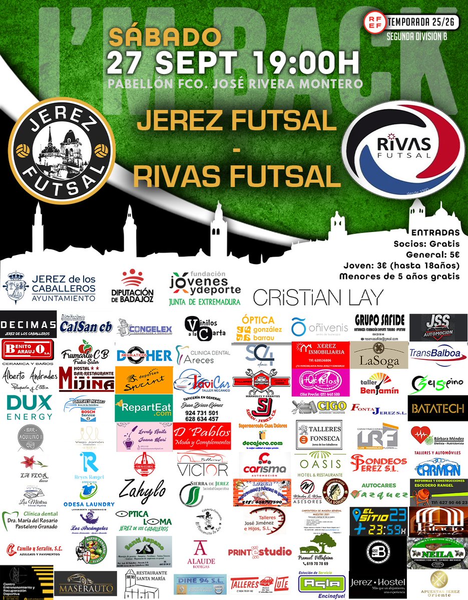 🔥𝗝𝗢𝗥𝗡𝗔𝗗𝗔 𝟯 – 𝟮ª𝗕🔥
💚𝗝𝗲𝗿𝗲𝘇 𝗙𝘂𝘁𝘀𝗮𝗹 🆚 𝗥𝗶𝘃𝗮𝘀 𝗙𝘂𝘁𝘀𝗮𝗹

📅Sáb 27 Sept | 19:00 h
📍Pabellón Fco. José Rivera

💥 𝗟𝗹𝗲𝗻𝗲𝗺𝗼𝘀 𝗲𝗹 𝗽𝗮𝗯𝗲𝗹𝗹𝗼́𝗻 𝘆 𝗲𝗺𝗽𝘂𝗷𝗲𝗺𝗼𝘀 𝗮𝗹 𝗲𝗾𝘂𝗶𝗽𝗼 💪

📲 #Im_back2ªB
💪 #TuEntregaMiPasion
🔗 #JerezFutSal💚