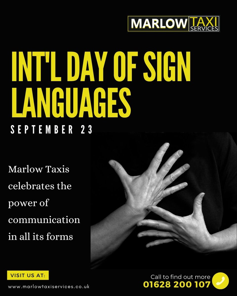 Marlow Taxis values and appreciates the significance of effective communication in all its various forms
Happy Sign Language Day!

☎️01628 200 107
🌐marlowtaxiservices.co.uk

#marlowtaxis #marlow #Tuesday #thicktrunktuesday #InternationalSignLanguageDay #InclusiveJourneys