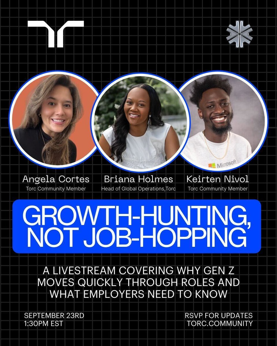 torcdotdev's tweet photo. Today's the day! 🎯
Join Angela, Briana, and Keirten as we unpack why Gen Z moves quickly through roles — and what employers need to know.
📅 Sept 23 | 1:30PM EST | RSVP → https://t.co/ITEv4RE2Od
#talentplatform https://t.co/nm3XZlwJrN