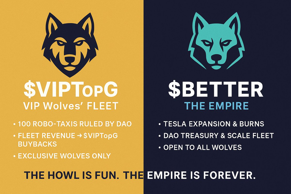 dwbetter's tweet image. 🐺 $VIPTopG isn’t just an entry key → it’s a VIP fleet project ⚡️
🎯 Goal: 100 RoboTaxis ruled by DAO Rulers
🔥 All fleet revenue → $VIPTopG buybacks
🏛️ Separate from $BETTER plan (the Empire keeps growing).
$VIPTopG = VIP Wolves’ fleet.
$BETTER = Wolves Empire vision