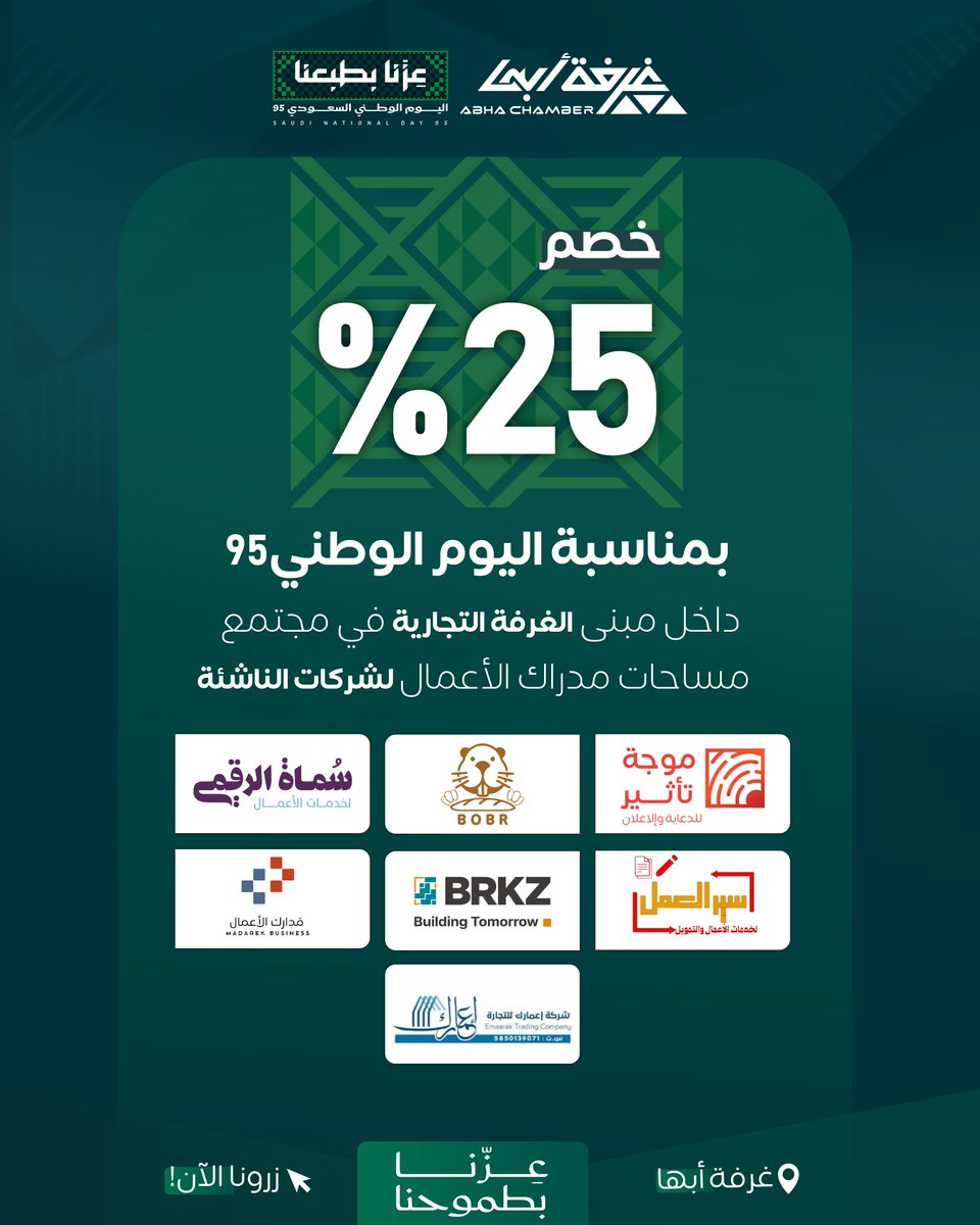 🌄#خصومات

بمناسبة #اليوم_الوطني_السعودي95
خصم 25% داخل مبنى #غرفة_أبها
في مجتمع مساحات مدارك الأعمال للشركات الناشئة

<a href="/MawjatT_Tathir/">وكالة موجة تأثير للدعاية والاعلان</a>
BOBR
<a href="/soumatdigital/">سُماة الرقمي لخدمات الأعمال</a>
@siralamal111
BRKZ company
<a href="/businessmadark/">مساحات مدارك الأعمال Business Madark</a>
Emaark Trading Company

#عزنا_بطبعنا
#اليوم_الوطني_السعودي95
#غرفة_أبها
