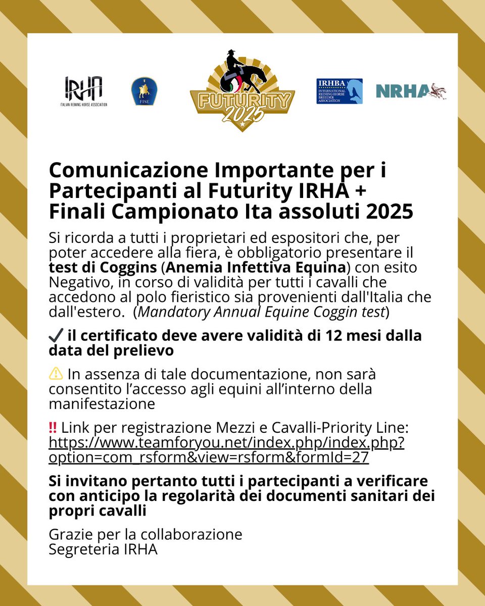 irhareining's tweet image. #ItalianFuturity
$677,936 Added
𝗔𝗰𝗰𝗲𝘀𝘀𝗼 𝗰𝗮𝘃𝗮𝗹𝗹𝗶 𝗦𝗢𝗟𝗢 𝗰𝗼𝗻 𝘁𝗲𝘀𝘁 𝗱𝗶 𝗖𝗼𝗴𝗴𝗶𝗻𝘀 🐴 (esito negativo, valido 12 mesi).
𝘚𝘦𝘯𝘻𝘢 𝘤𝘦𝘳𝘵𝘪𝘧𝘪𝘤𝘢𝘵𝘰 → 𝘪𝘯𝘨𝘳𝘦𝘴𝘴𝘰 𝘷𝘪𝘦𝘵𝘢𝘵𝘰.
teamforyou.net/index.php/inde…

#ReiningFuturity #CampionatoItaliano