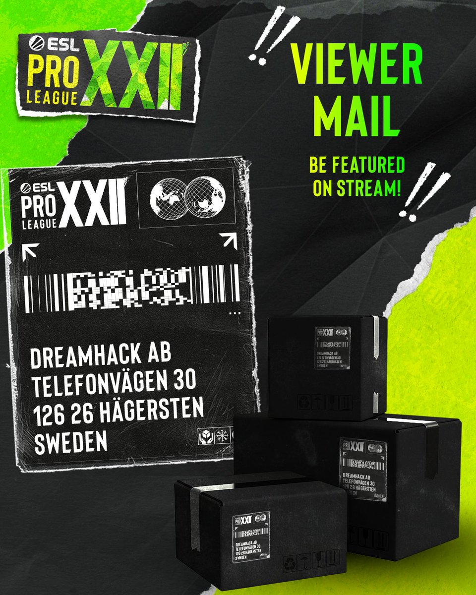 ESLCS's tweet image. Want to send stuff to #ESLProLeague S22 players, talent and crew? 🎁

SEND YOUR PACKAGES &amp;amp; LETTERS TO THE EPL MAILBAG 📫👇

DreamHack AB
Telefonvägen 30
126 26 Hägersten
Sweden

We&apos;ll check it out on stream 🎥👀