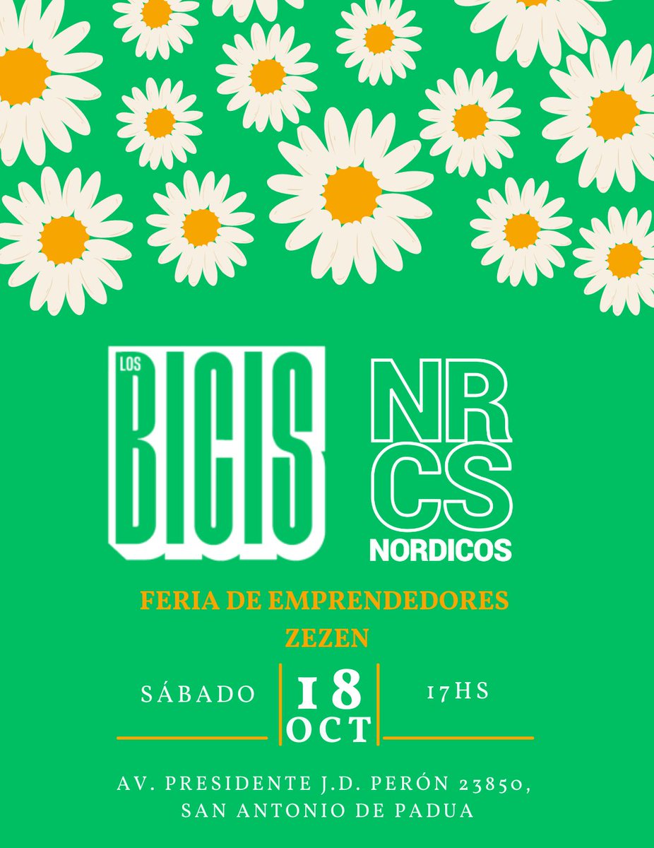 🌼 ¿Quién quiere una tarde de feria, música y encuentro al aire libre?

📅 Sábado 18 de octubre
📍 Parque Cultural de San Antonio de Padua – Av. Presidente J.D. Perón 23850

🛍️ @zezenferia de 11 a 20 hs
🎶 Shows desde las 17 hs con @losbicis + @nordicos_banda

✨ Gratis