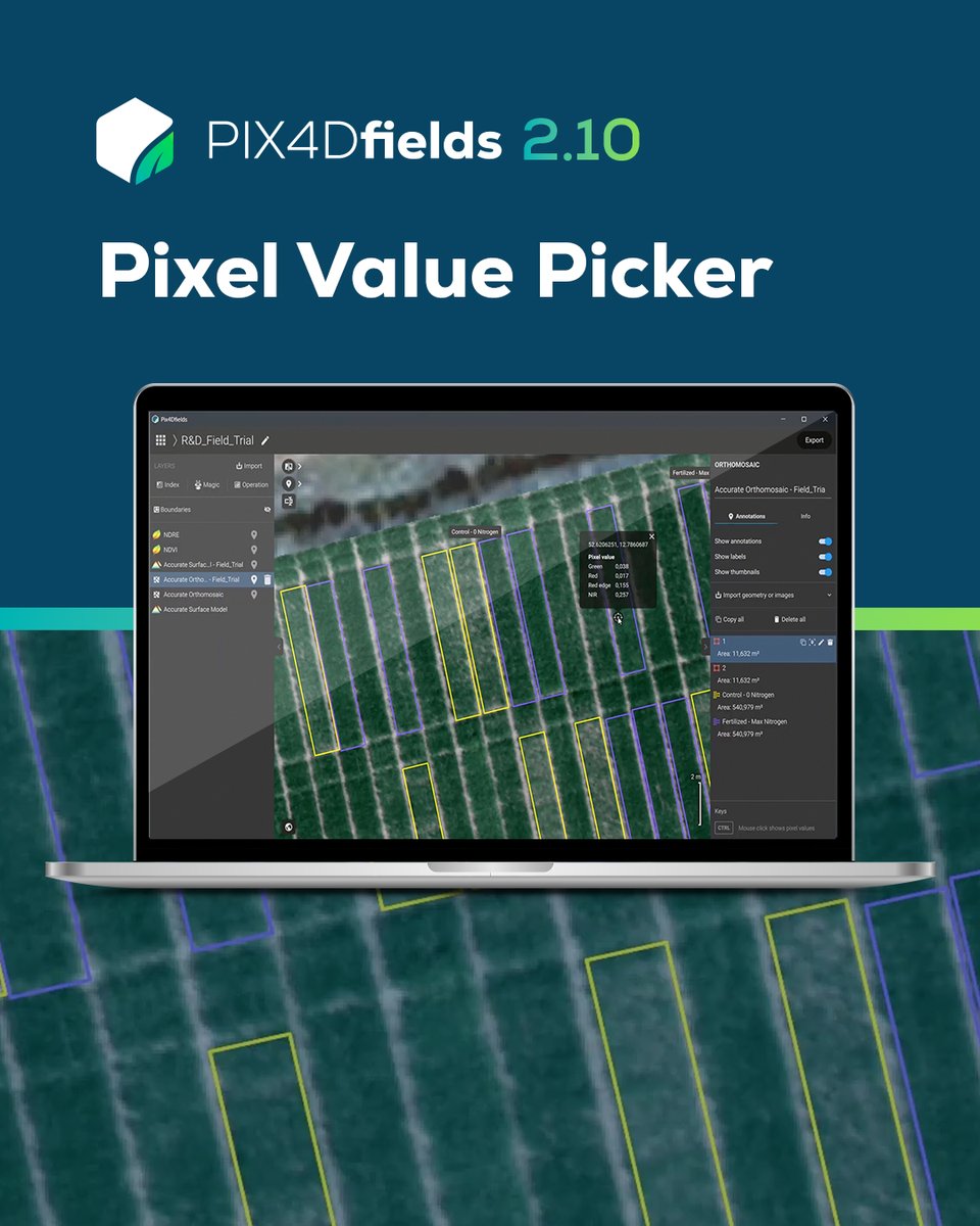 Pix4D_AG's tweet image. 🎯 Pinpoint plant stress, disease, or pests before they&apos;re visible. Just click on any point on your map to see individual pixel values for RGB, DSM, and all your Index layers. 
Ready to reveal the unseen? Get your free #PIX4Dfields trial today pix4d.com/product/pix4df…
