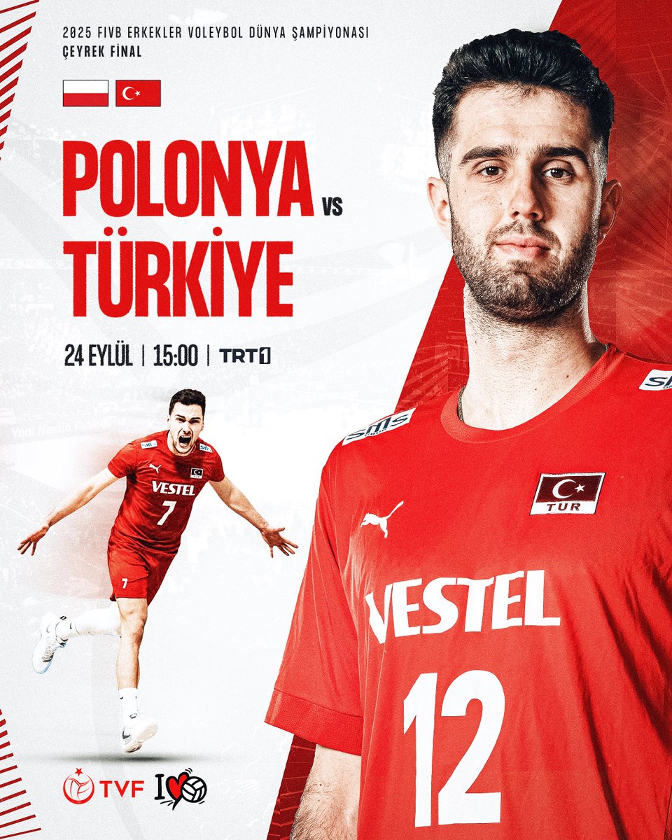 ÇEYREK FİNAL GÜNÜ! 🔥

2025 FIVB Erkekler Voleybol Dünya Şampiyonası Çeyrek Finali'nde Rakibimiz Polonya! 👀

Başarılar! #FileninEfeleri🇹🇷

ℹ️ FIVB Dünya Şampiyonası Çeyrek Final
🗓️ 24 Eylül Çarşamba
🆚 Polonya 🇵🇱
🕒 TSİ 15:00
📺 TRT 1