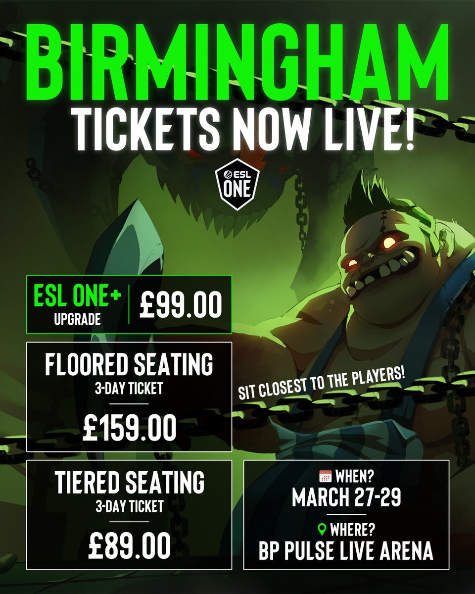 Tickets to #ESLOne Birmingham 2026 are now live! 🤩 

Watch amazing Dota, meet your favourite players and be a part of an unforgettable experience 🔥 

Don't forget - all tickets grant complete access to #DreamHack too!

🎫 esl.gg/ESLOneBirmingh…