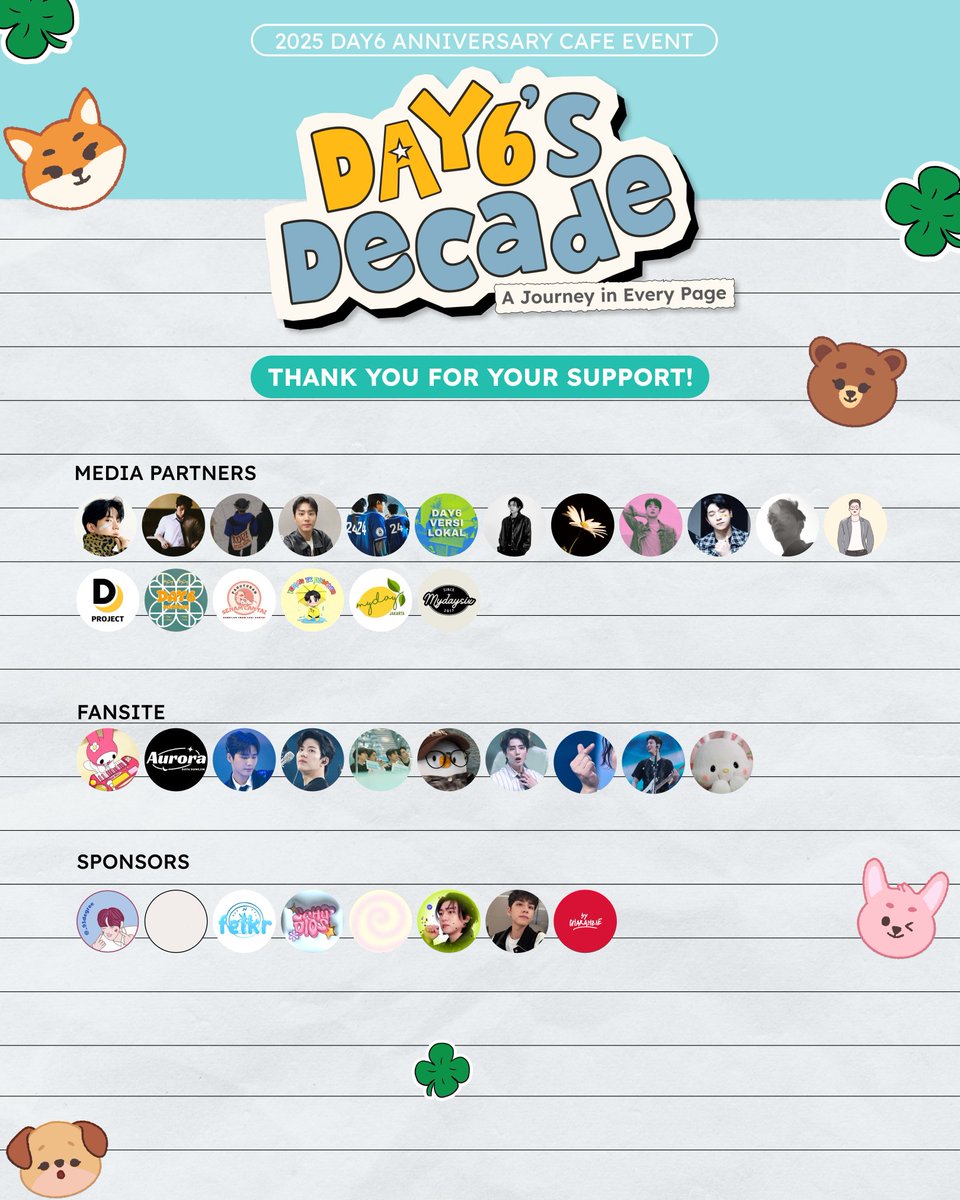 day6dirayakan's tweet photo. ❀⋆. 𝐃𝐀𝐘𝟔's 𝐃𝐞𝐜𝐚𝐝𝐞: 𝐀 𝐉𝐨𝐮𝐫𝐧𝐞𝐲 𝐢𝐧 𝐄𝐯𝐞𝐫𝐲 𝐏𝐚𝐠𝐞 .⋆❀

​Our heartfelt thanks to everyone who helped make this event a success! Thank you to our media partners, fansites and our sponsors for their unwavering support 💖💪🏻

​#Day6InEveryPage #DAY6 #데이식스 https://t.co/H6wX7k1uGl