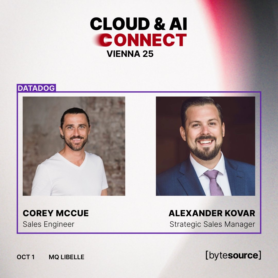 ByteSourceNet's tweet image. Join @datadoghq ’s Corey McCue &amp;amp; Alexander Kovar at Cloud &amp;amp; AI Connect Vienna 25 to explore end-to-end visibility across @AWS hybrid &amp;amp; multi-cloud! ☁️🤖 

#Datadog #CloudAIConnect #AWS #HybridCloud #MultiCloud #Observability #AI