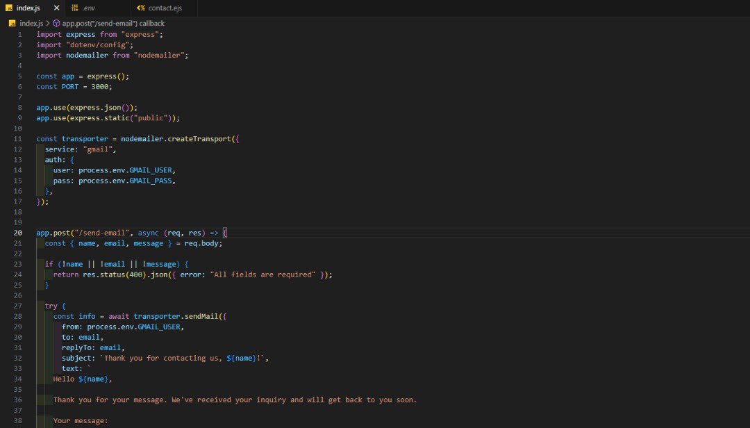CodeWithBeerah's tweet image. Day 23  #30DaysOfCode
Built a Contact Form That Sends Emails!

✅ Used Nodemailer + Express
✅ Connected to Gmail 
✅ Responsive 

Check it out : node-mailer-6r3m.vercel.app

#NodeJS #Nodemailer #Email #Backend #WebDev #BuildInPublic #WomenInTech