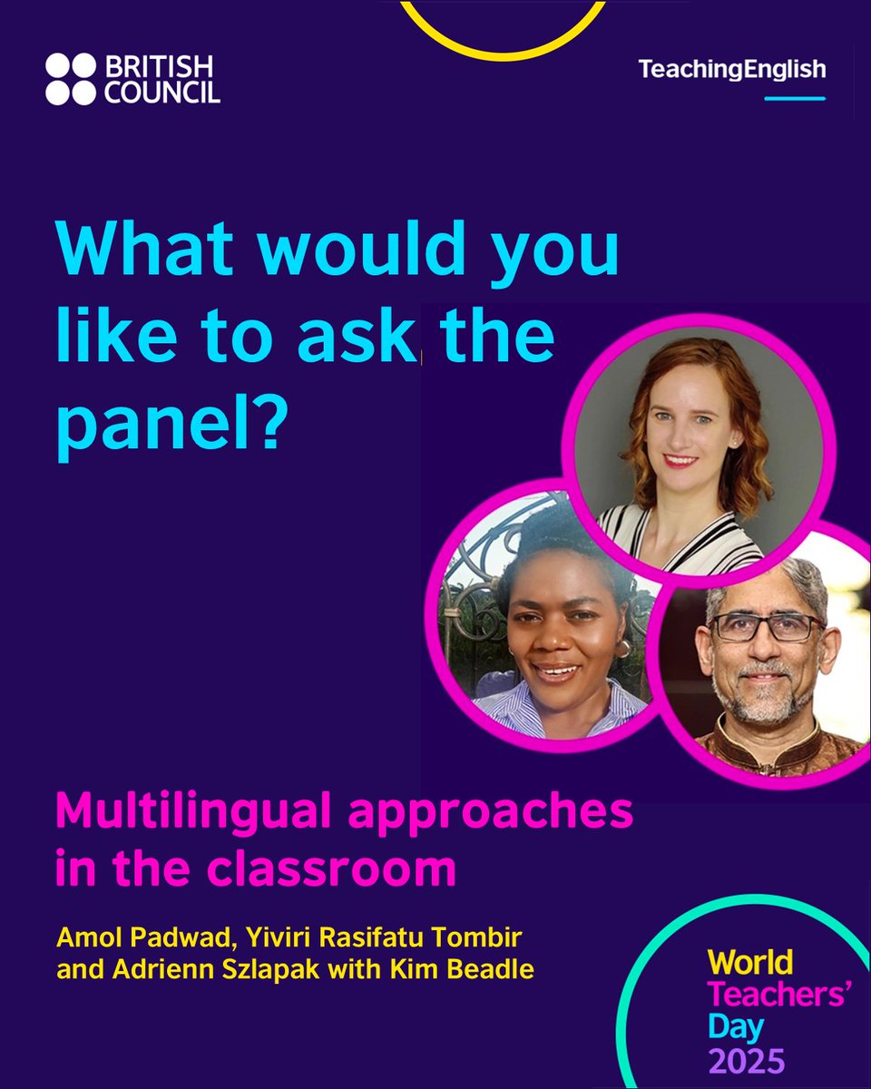 TeachingEnglish's tweet image. What would you like to ask our panel about using multilingual appraches in the classroom?
Join us on Friday 10 October to hear answers during Multilingual approaches in the classroom – a panel discussion: eu1.hubs.ly/H0mvr-Z0
#TeachingEnglish #WorldTeachersDay…