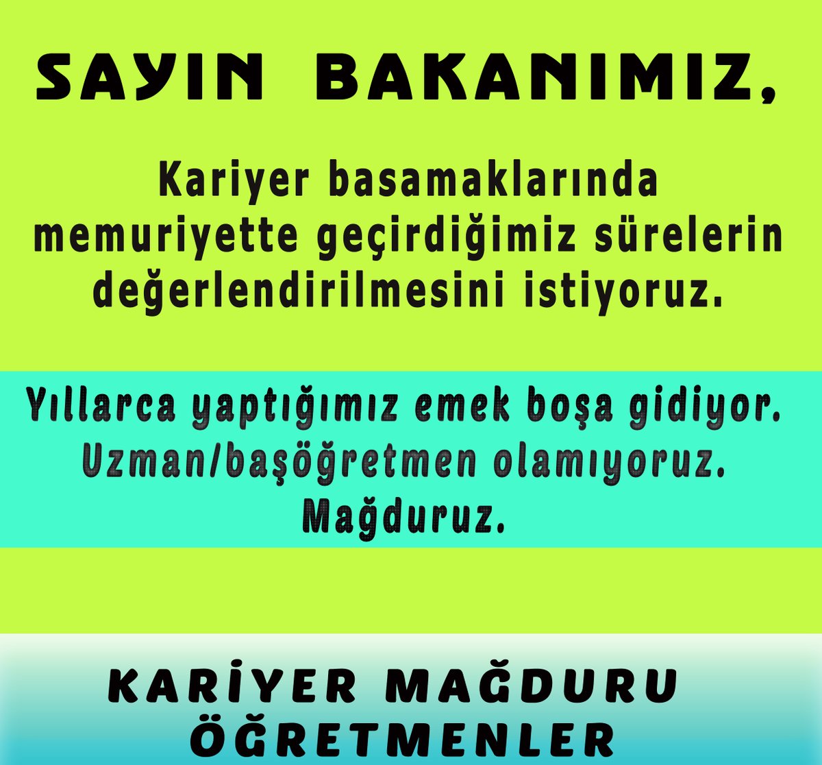 <a href="/Yusuf__Tekin/">Yusuf Tekin</a> MEB Kariyer Yönetmeliğinde, önceki 657 memuriyet hizmetimiz kabul edilmiyor. Acil yasal düzenleme ve çözüm talep ediyoruz. Mağduruz. Haksızlık ve adaletsizlik var.
#kariyermagdurlari
<a href="/RTErdogan/">Recep Tayyip Erdoğan</a>
<a href="/tcbestepe/">T.C. Cumhurbaşkanlığı</a> 
<a href="/TBMMGenelKurulu/">TBMM Genel Kurulu</a>