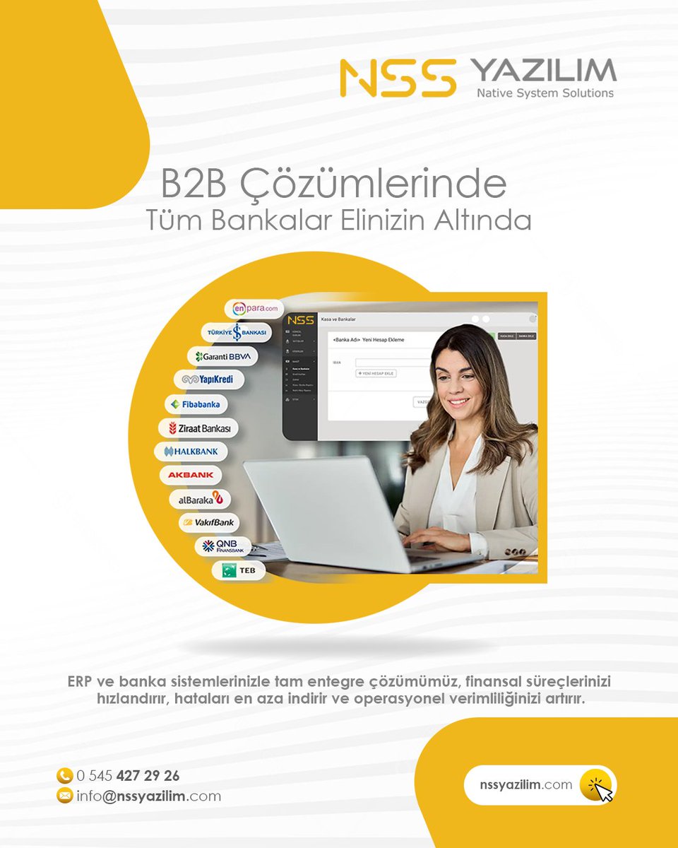 nssyazilim's tweet image. B2B’de Banka Entegrasyonlarıyla İşinizi Hızlandırın! 💼
📞 Demo talebi ve fiyat bilgisi için bize ulaşın!
nssyazilim.com | info@nssyazilim.com
#NSSYazılım #B2B #BankaEntegrasyonu #ETahsilat #SanalPos #OnlineÖdeme #TahsilatKolaylığı