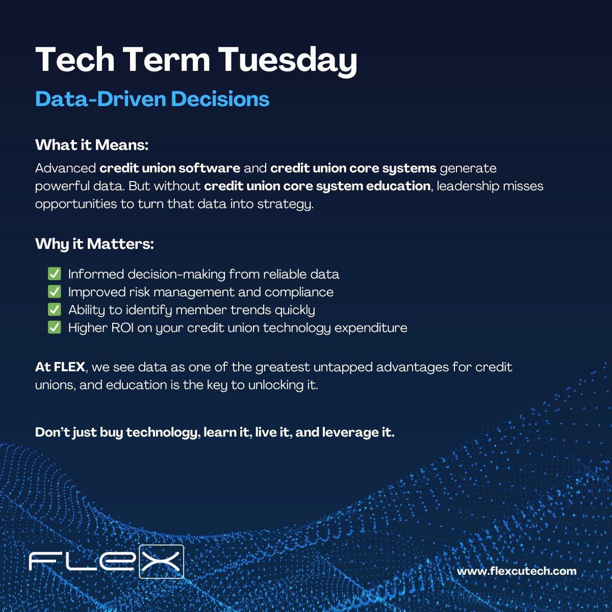 Data is powerful. 📊
Education makes it actionable.

With credit union core system education + smart EdTech investment, credit unions turn data from credit union software into better decisions + stronger ROI on tech spend.

#FLEXCUTech #CreditUnions #EdTech #CoreSystems