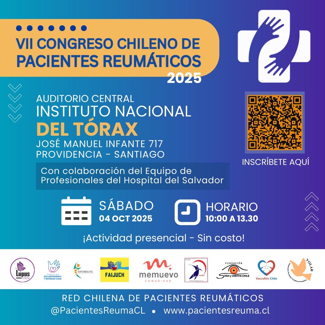 Lupus_Chile's tweet image. Queda poco para el VII Congreso Chileno de Pacientes Reumáticos de @PacientesReumCL.

Nos vemos el SÁBADO 4 DE OCTUBRE desde las 10.00 a las 13.30 horas en el Auditorio del HOSPITAL DEL TÓRAX.

Inscríbete gratis en:
forms.gle/iC7bS81haVF7F7…