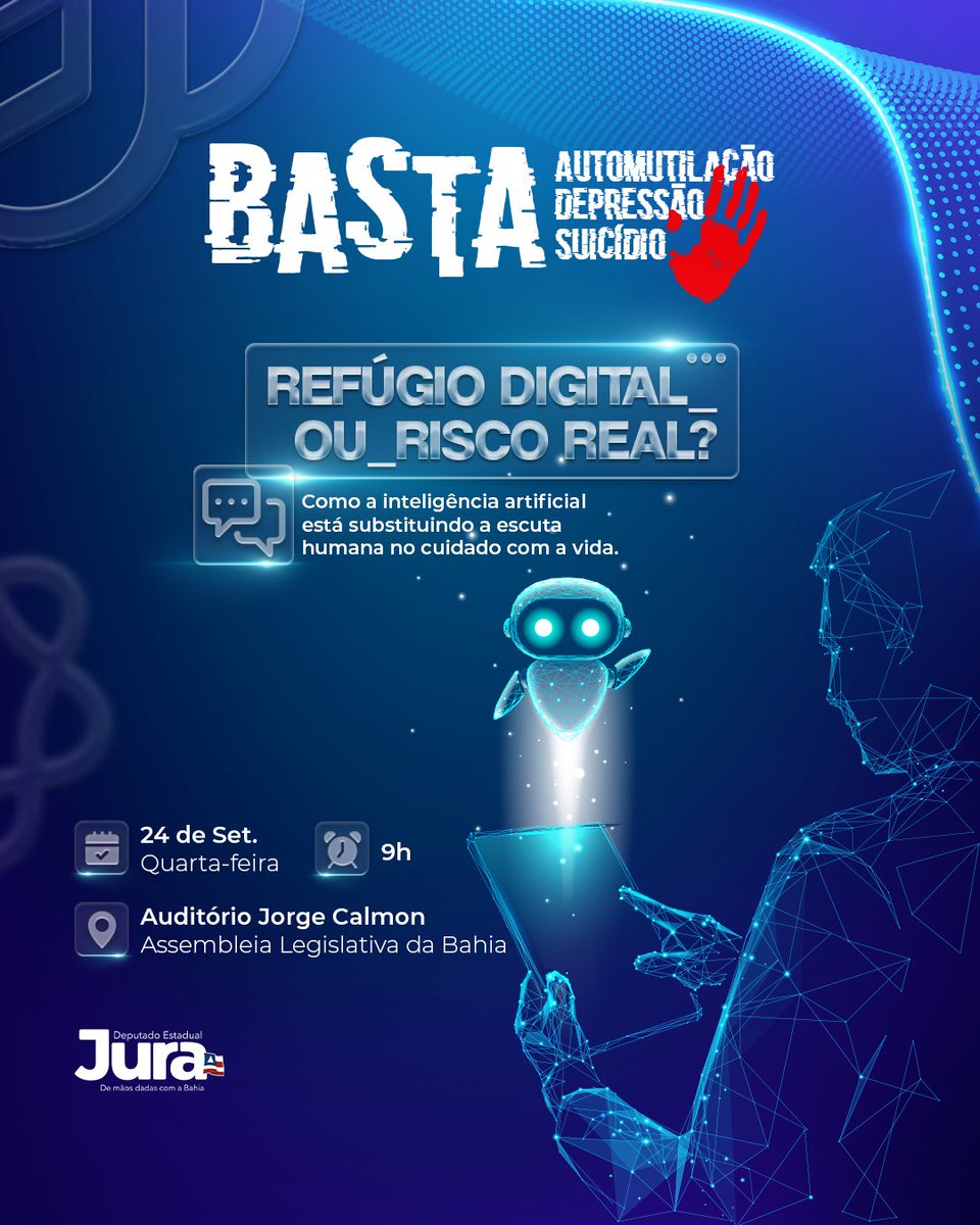 jurailtonsantos's tweet photo. 📅 24/09 (quarta-feira)
🕑 9h
📍 Auditório Jorge Calmon - Assembleia Legislativa da Bahia.

Um encontro de reflexão sobre saúde mental na era digital.
Participe! https://t.co/FgNgTdFHY8