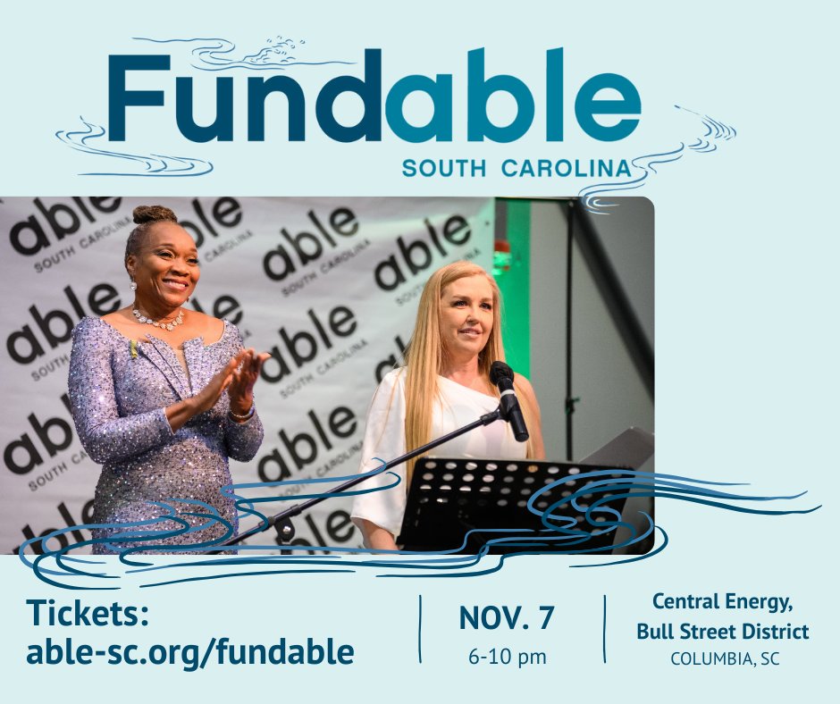 Able_SC's tweet photo. 🌊 Don’t miss Fundable! Join us Nov 7 in Columbia as we honor leaders breaking barriers & advancing disability inclusion. ✨ Tickets support life-changing programs + advocacy for 1.1M South Carolinians with disabilities. 🎟️ https://t.co/3hH7RMIg6j #Fundable #DisabilityLed #Gala https://t.co/Dq56bvjvSE