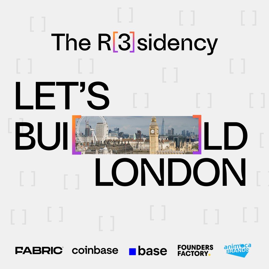 Build venture-scale. Or nothing.

Introducing The R[3]sidency:
⚡ 8 teams
⏱ 16 weeks
💸 £250K investment
🎯 Demo Day in London

Backed by <a href="/fabric_vc/">Fabric Ventures</a>, <a href="/coinbase/">Coinbase 🛡️</a>, <a href="/animocabrands/">Animoca Brands ✈️Korea Blockchain Week 🇰🇷</a>, <a href="/foundersfactory/">Founders Factory</a> with ecosystem support from <a href="/base/">Base</a>.

Applications now open 👉 r3sidency.xyz