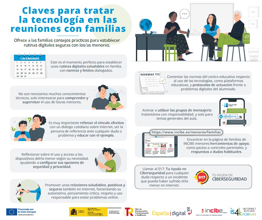 ¿Eres educador y quieres ofrecer a las familias 👨‍👩‍👧‍👦 ayuda sobre la tecnología 📱? 

Te mostramos varias claves para establecer rutinas digitales con los/las #menores 👧👦 y educar en #ciberseguridad 👾.  

incibe.es/menores/educad…

#PlanDeRecuperación #NextGenerationEU