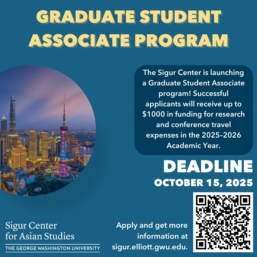 Are you a Graduate Student researching Asia? Apply for the Graduate Student Associate program by October 15th to receive up to $1000 in funding for research and conference travel expenses in the 2025-2026 Academic Year. Apply at the link in our bio!
