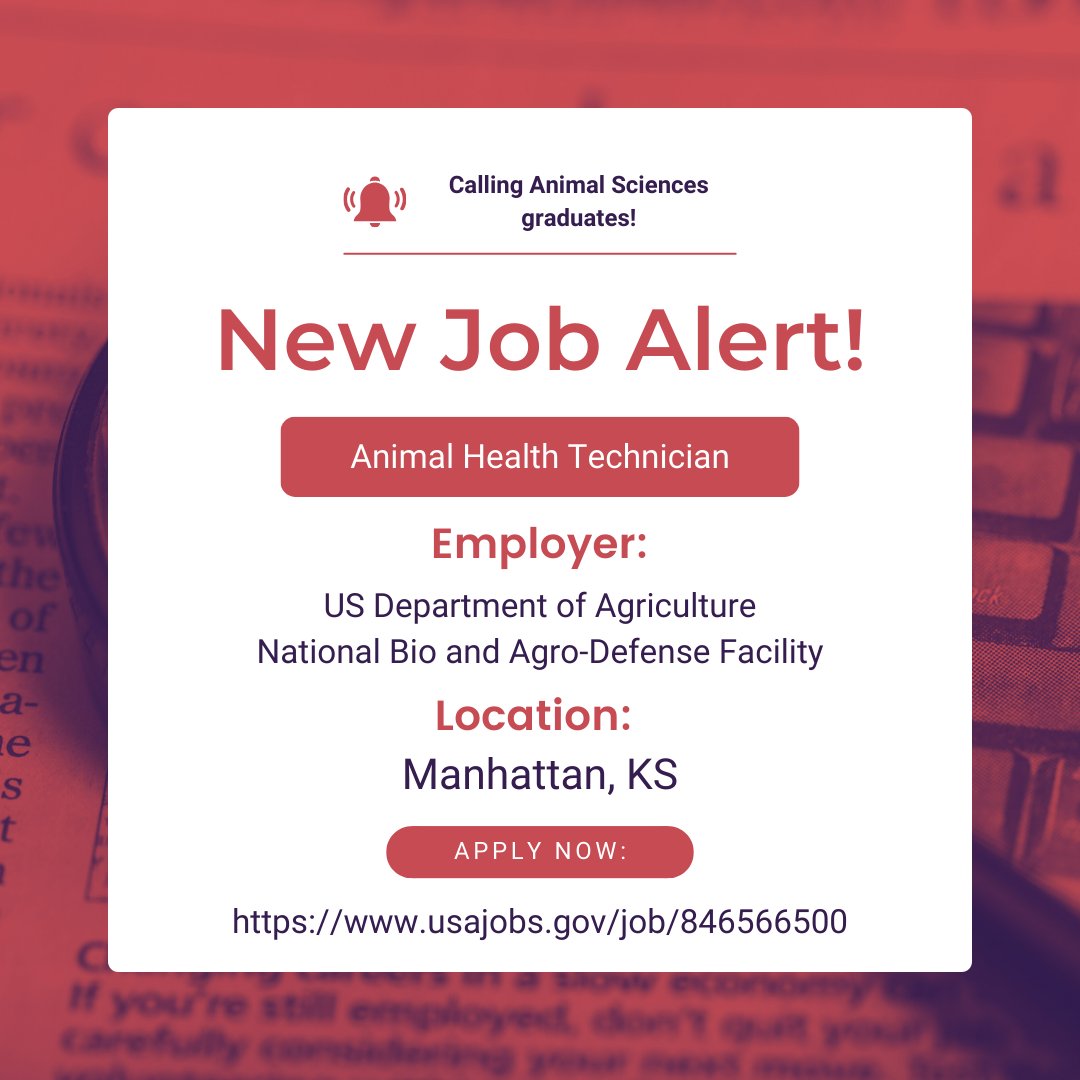 Job posting alert! The USDA is seeking Animal Health Technicians for the National Bio and Agro-Defense Facility in Manhattan, Kansas. Visit usajobs.gov/job/846566500 to read more about the posting and apply!

#rutgers #rutgersanisci #rutgerssebs #rutgersnb #animalscience #usda