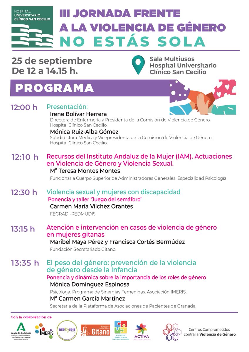 clinicogranada's tweet photo. 👉III Jornada frente a la #violenciadeGénero “No estás sola”. Un espacio de información y concienciación.

📅25 septiembre 🕛12h.
📍Sala multiusos @clinicogranada 

Con la participación de @IAMJunta @gitanos_org @FEGRADI @saludand #IMERIS #ACTIVA

¡Te esperamos!💜 https://t.co/WGKlI9JjFc