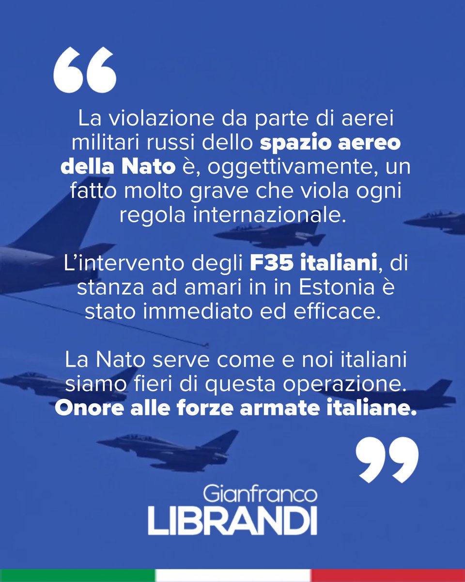 La violazione da parte di aerei militari russi dello spazio aereo della Nato è, oggettivamente, un fatto molto grave che viola ogni regola internazionale. 
L’intervento degli F35 italiani, di stanza ad amari in in Estonia è stato immediato ed efficace. La Nato serve come e noi