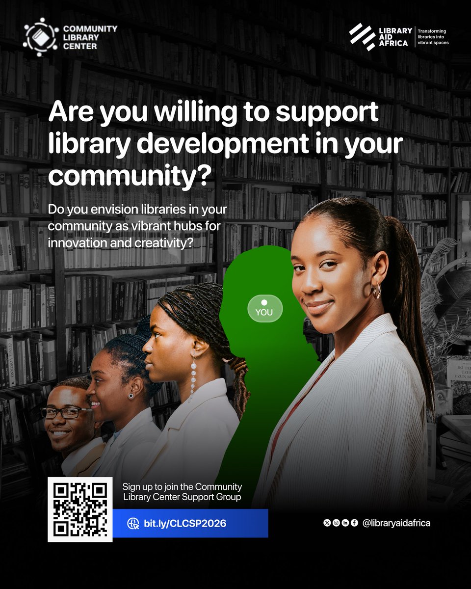 libraryaidafric's tweet image. Do you see libraries in your community as vibrant hubs for literacy, innovation & learning? 
Join changemakers like you to strengthen community libraries & expand access to knowledge! 
Sign up here: bit.ly/CLCSP2026
 #Literacy #CommunityLibrary #LibraryAidAfrica