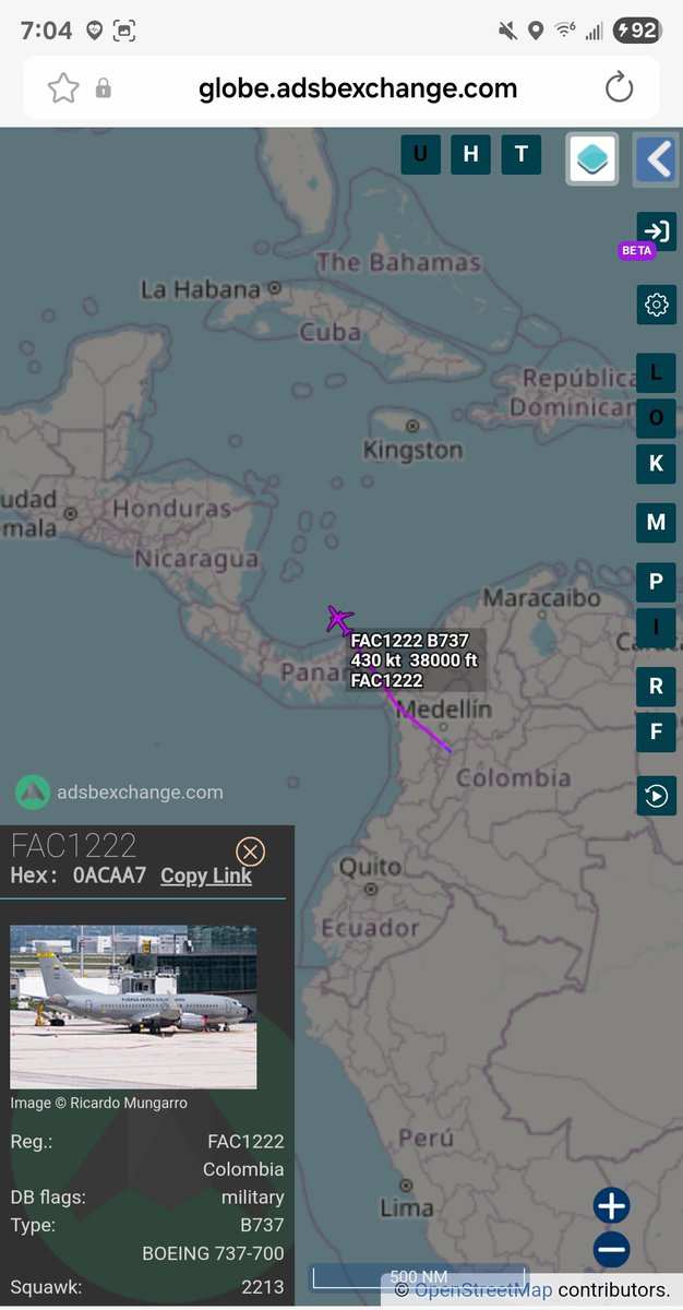 Borrowed7Time's tweet photo. Colombian AF B737-732 FAC1222 #0ACAA7 out of Bogota, tracking NW.
@sipjack1776 @LatAmMilMVMTs @SA_Defensa @LadyAstroJet https://t.co/Qv1aHQUvAH