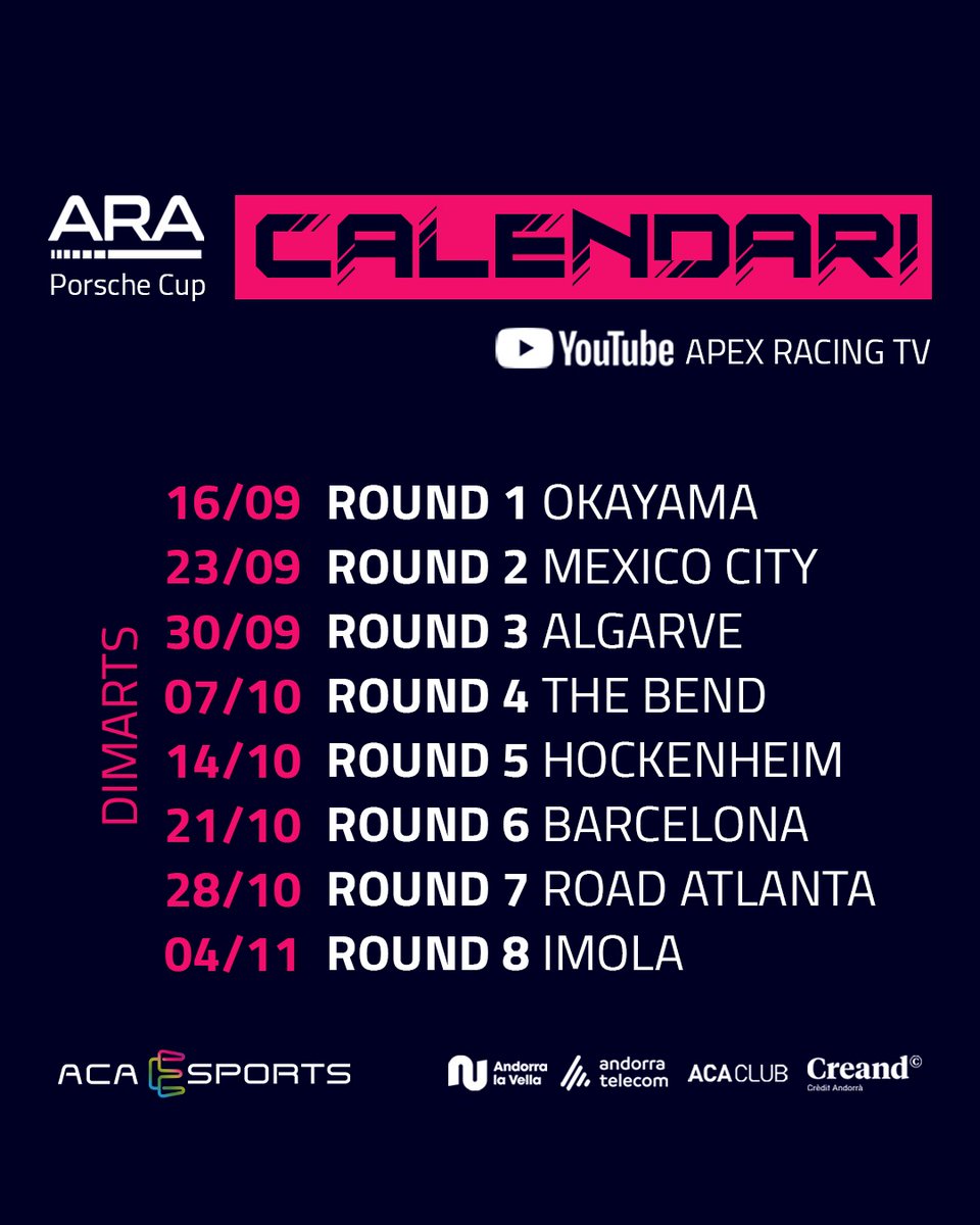 🏎️ Guarda el calendari, que els dimarts son RACE DAY!
Viu en directe les curses al Youtube de APEX RACING TV: youtube.com/@ApexRacingTV

#Simracing #andorra