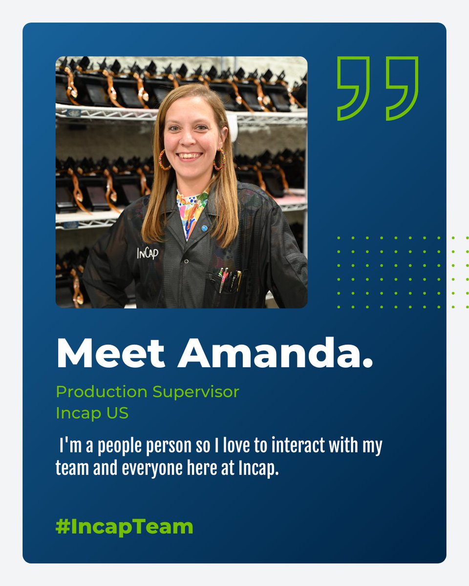 incap_group's tweet image. Meet Amanda Vinosky – Production Supervisor at #IncapUS ✨
For Amanda, what makes the job special is the people – motivating her team, keeping work fun yet focused, and seeing the full process come together from parts to finished product. 💡
👉incapcorp.com/meet-the-team-…
