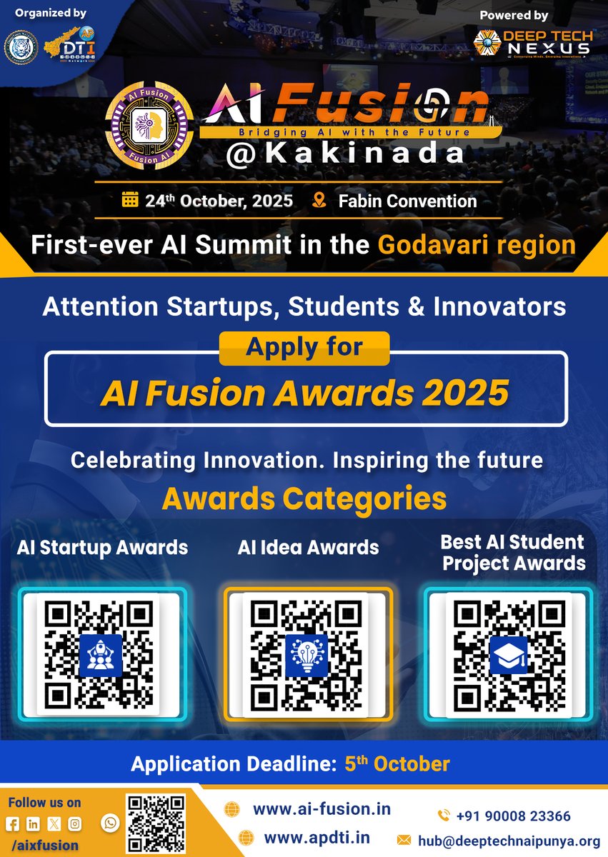 #AIFusion Awards 2025 – Application Now Open!

Calling all Startups, Innovators &amp; Students – here’s your chance to shine!

Award categories:
>> AI Startup Awards
>> AI Idea Awards
>> Best Student AI Project Awards

Apply at: ai-fusion.in/awards
Deadline: 5th Oct

#AIFKKD