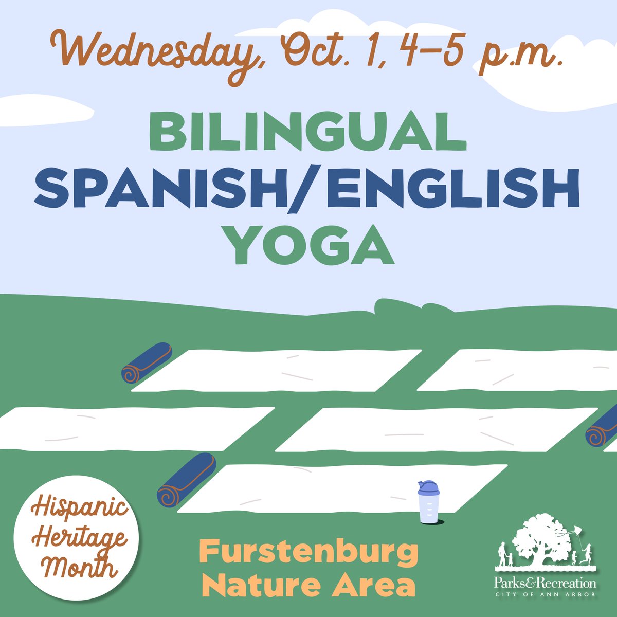 Celebrate Hispanic Heritage Month with bilingual Spanish/English yoga on Wednesday, Oct. 1, 4-5 p.m. at Furstenberg Nature Area (2626 Fuller Road). Free. Registration required. secure.rec1.com/MI/city-of-ann… <a href="/A2GOV/">City of Ann Arbor</a>  <a href="/CTNAnnArbor/">CTN Ann Arbor</a>