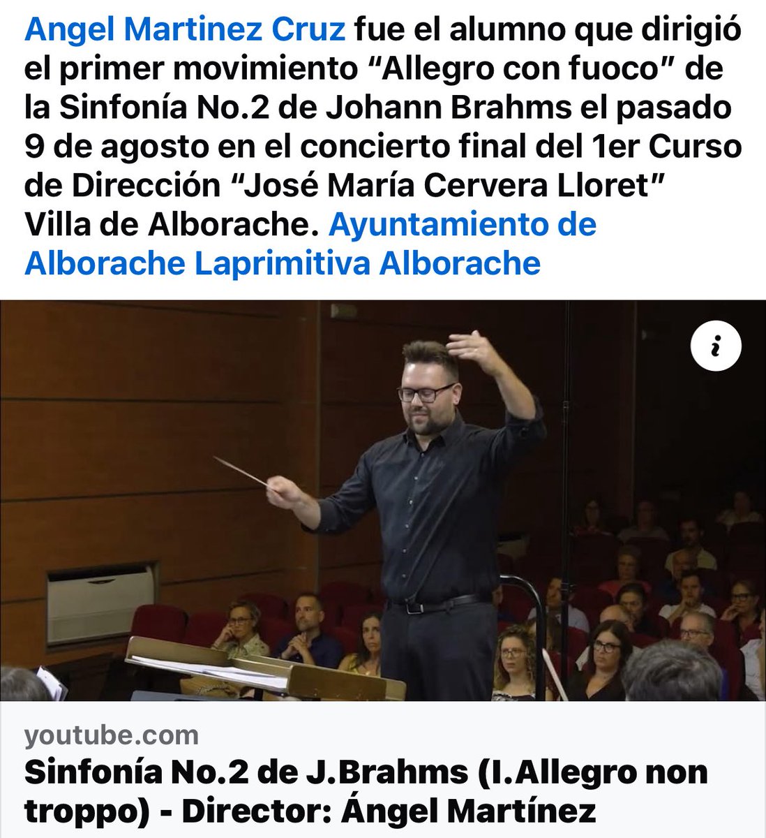 Angel Martinez Cruz fue el alumno que dirigió el primer movimiento “Allegro con fuoco” de la Sinfonía No.2 de Johann Brahms el pasado 9 de agosto en el concierto final del 1er Curso de Dirección “José María Cervera Lloret” Villa de Alborache. youtu.be/nhgqEtr0otk?si…