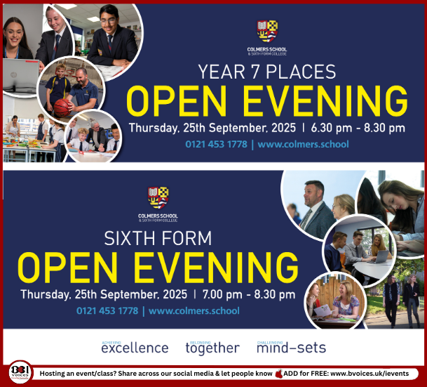 B31Voices's tweet image. #SWBrumEVENTS – Open Evening:  Year 7 &amp;amp;  Sixth Form Places
INFO:👉  bvoices.uk/41UbNpo

📅 Thursday 25th September
📍 Colmers School &amp;amp; Sixth Form - #Rednal 

-

#B31VoicesSupportingLocal 
#OpenEvening
#Rubery 
#Birmingham 
#BirminghamUK 
@ColmersSchool 
@colmersVI