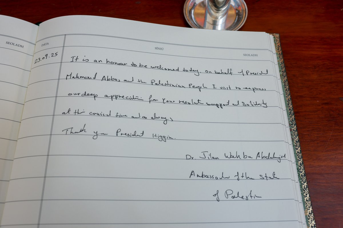 President Michael D. Higgins today received the Ambassador of Palestine, Dr Jilan Wahba Abdalmajid, at Áras an Uachtaráin on a courtesy call. You can read the President's statement following the meeting at president.ie/en/media-libra…