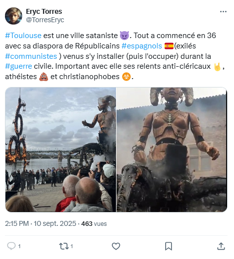 Message de service à <a href="/TorresEryc/">Eryc Torres</a> : les Toulousains se fichent de ton avis, chaque spectacle des machines est magique, rassemble des foules immenses, pour le plus grand plaisir des petits et des grands. Il faut être tordu pour y voir du satanisme. Tain cong ! #ChocolatineVaincra