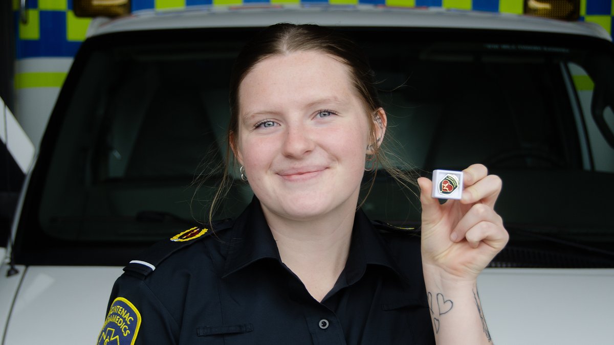 There's Frontenac Paramedic Morgan with a new Cardiac Arrest Save pin! Pins are awarded to a paramedic who treats a patient for cardiac arrest who in turn goes on to recover well enough to be discharged from hospital. It’s a great day to save a life!

Well done, Morgan!