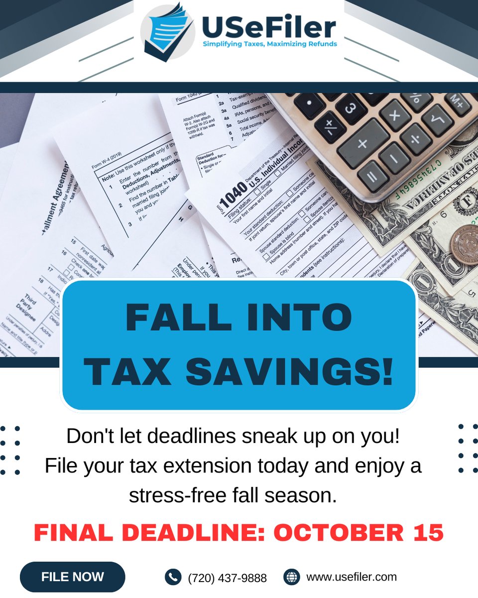 USeFiler's tweet image. ⏳ Don’t wait until the last minute!
The Oct. 15 tax extension deadline is almost here. File electronically with USeFiler and avoid penalties! 💻✨
📞 720-437-9888 | 🌐 usefiler.com

#TaxDeadline #TaxExtension #SmartFiling #USeFiler #TaxHelp #FileNow #October15