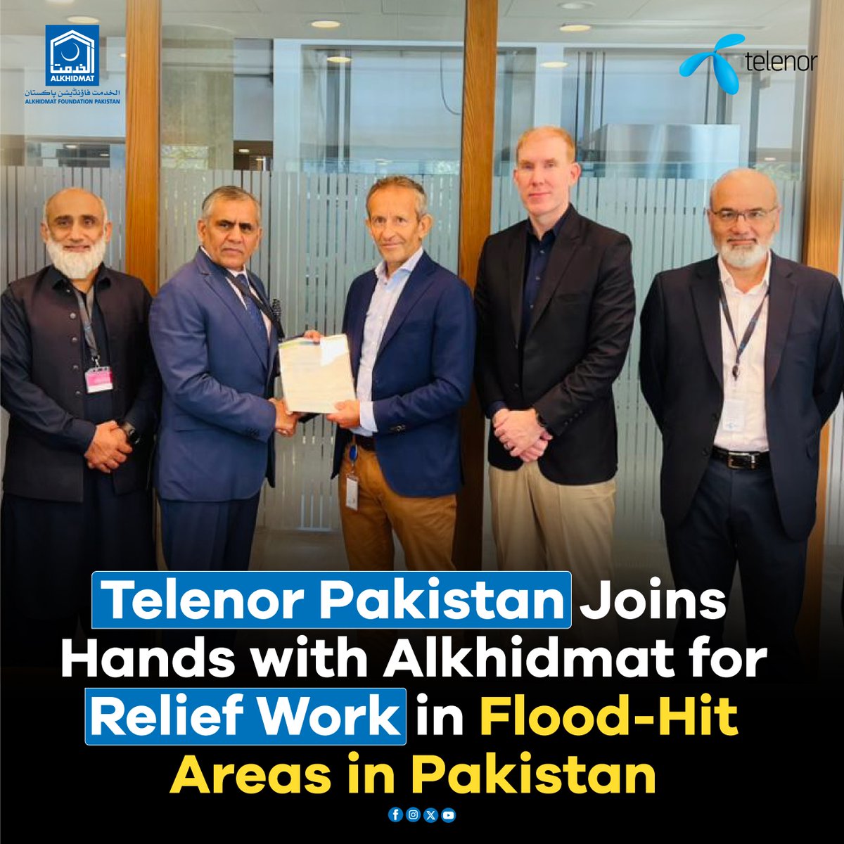 Telenor Pakistan Joins Hands with Alkhidmat for Relief Work in Flood-Hit Areas in Pakistan.

A delegation of AKFP, led by Vice President Alkhidmat Air Marshal (Retd) Arshad Malik, visited the Telenor Pakistan Head Office in Islamabad. The delegation held a formal meeting with
