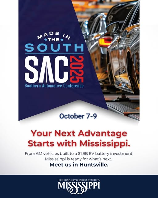 Two weeks until the Southern Automotive Conference, and Mississippi will be there in full force. 

Three OEMs. 6M+ vehicles produced. $1.9B EV battery cell plant. And more. 

The MDA team is ready to connect with auto leaders and site selectors. Come see us in Huntsville.