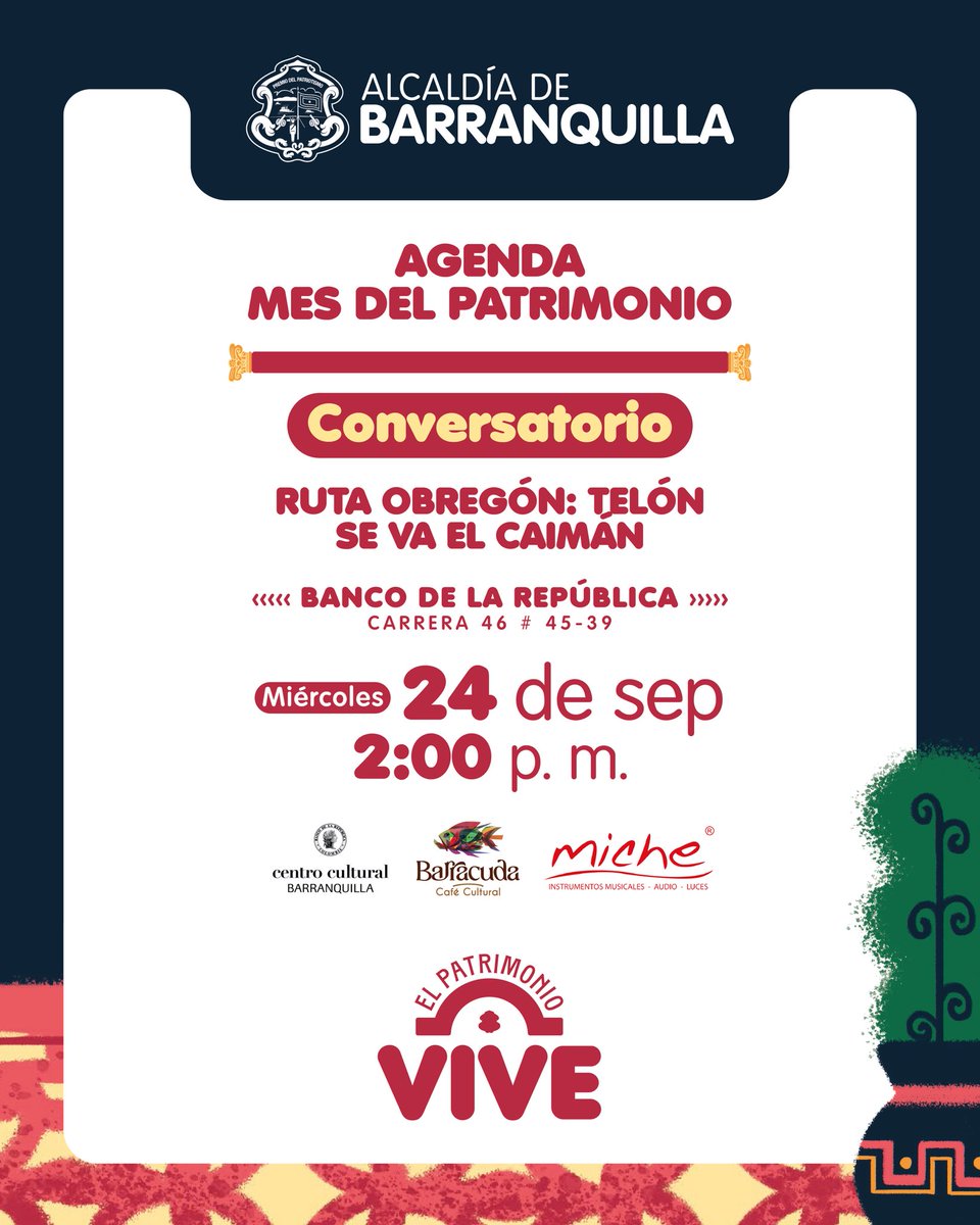 La Ruta Obregón llega al Banco de la República con el conversatorio ‘Telón se va el Caimán’.👏🏼

Arte, identidad y memoria que siguen vivos en nuestra ciudad. Agéndate:
📆 Miércoles 24 de septiembre 
📍Cra. 46 #45-39
🕣 2:00 p.m.

¿Quién se apunta? 🙌🏼
